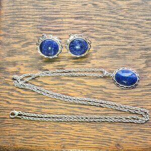 Vintage Lapis Lazuli silvertone necklace & earring set